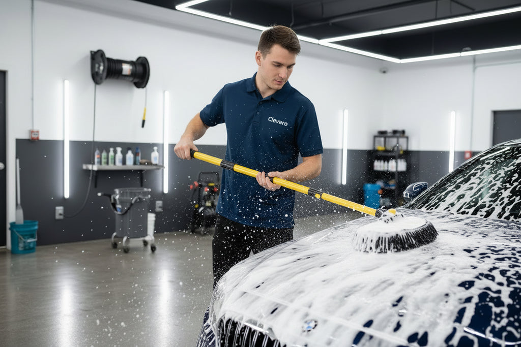 55" Car Wash Brush with Long Handle, 15° Curved Extendable Car Cleaning Brush with Replaceable Microfiber Mop Head, Portable Washing Brush Kit with Storage Bag for RV Truck Camper Cleaning