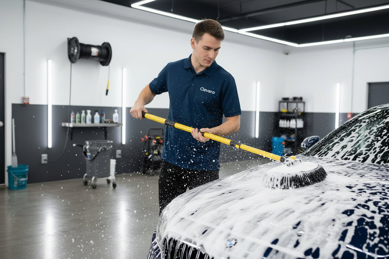 55" Car Wash Brush with Long Handle, 15° Curved Extendable Car Cleaning Brush with Replaceable Microfiber Mop Head, Portable Washing Brush Kit with Storage Bag for RV Truck Camper Cleaning