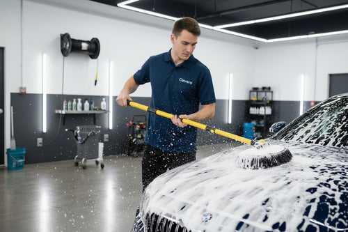 55" Car Wash Brush with Long Handle, 15° Curved Extendable Car Cleaning Brush with Replaceable Microfiber Mop Head, Portable Washing Brush Kit with Storage Bag for RV Truck Camper Cleaning