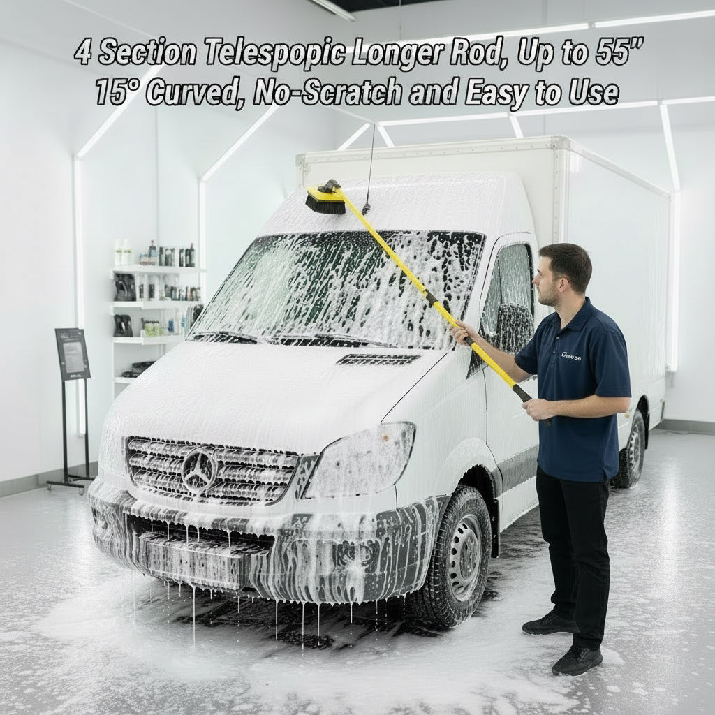 55" Car Wash Brush with Long Handle, 15° Curved Extendable Car Cleaning Brush with Replaceable Microfiber Mop Head, Portable Washing Brush Kit with Storage Bag for RV Truck Camper Cleaning