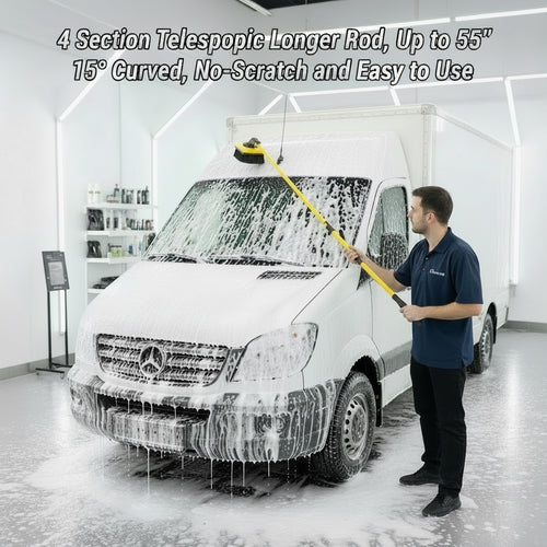 55" Car Wash Brush with Long Handle, 15° Curved Extendable Car Cleaning Brush with Replaceable Microfiber Mop Head, Portable Washing Brush Kit with Storage Bag for RV Truck Camper Cleaning