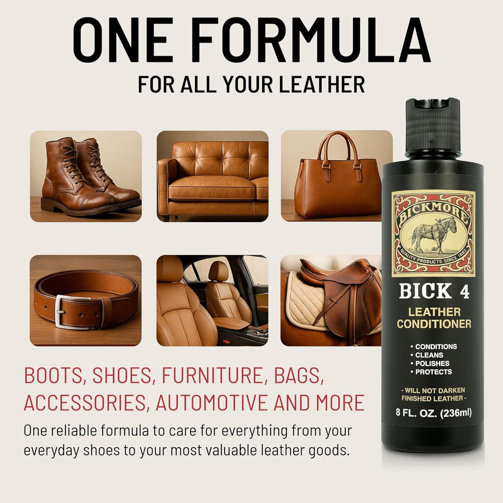 Bick 4 Leather Conditioner 8 Oz - Best since 1882 - Cleaner & Conditioner - Restore Polish & Protect All Smooth Finished Leathers